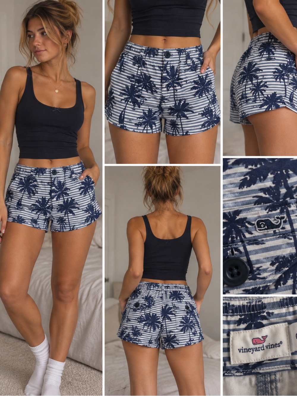 Vineyard Vines Navy and White Palm-Print Athletic Shorts
